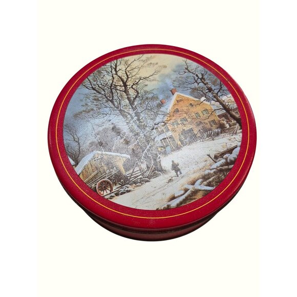 Vintage Round Red Tin Box With Winter Village Scene Lid Metal Storage Container - Picture 2 of 7